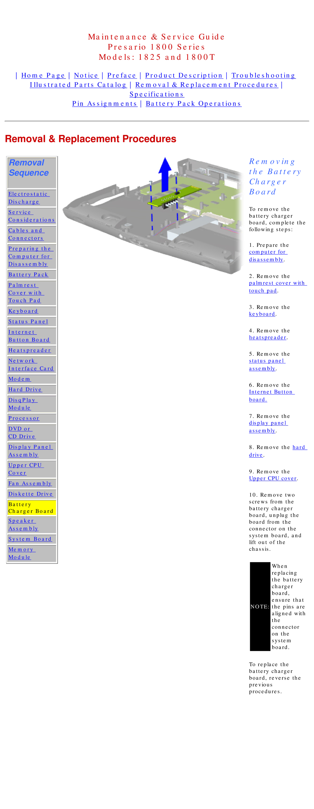 Compaq 1825, 1800T specifications Removing Battery Charger Board 