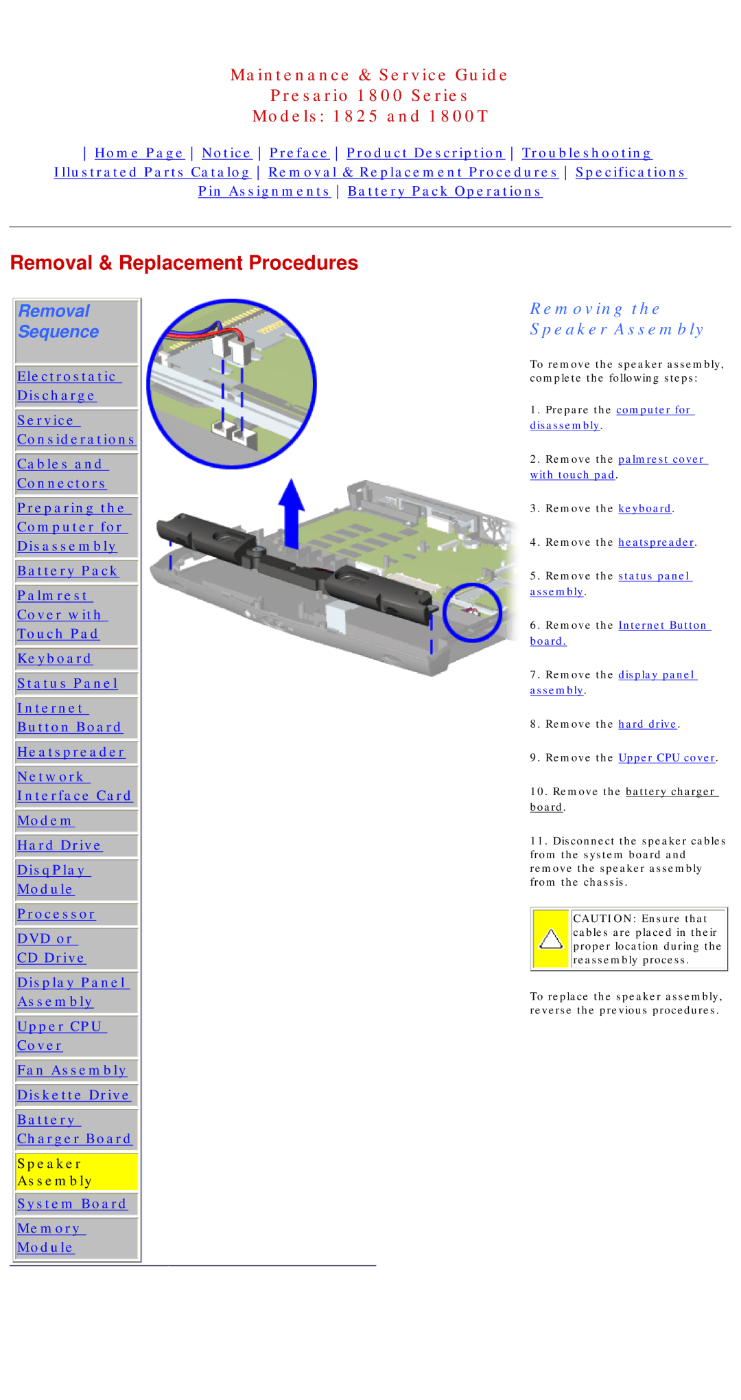 Compaq 1800T, 1825 specifications Removing the Speaker Assembly, Remove the Upper CPU cover 