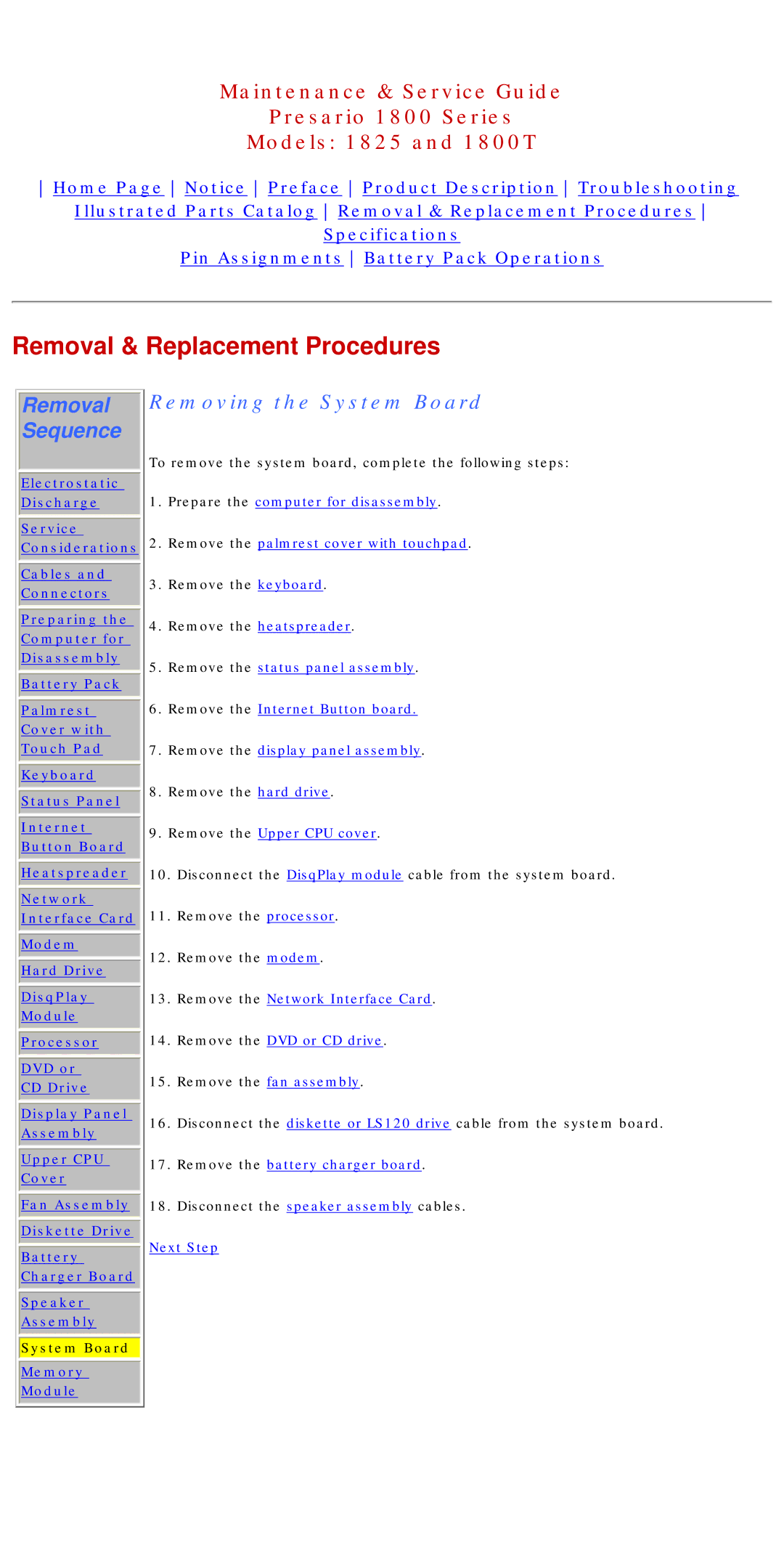 Compaq 1825, 1800T specifications Removing the System Board, Removal 