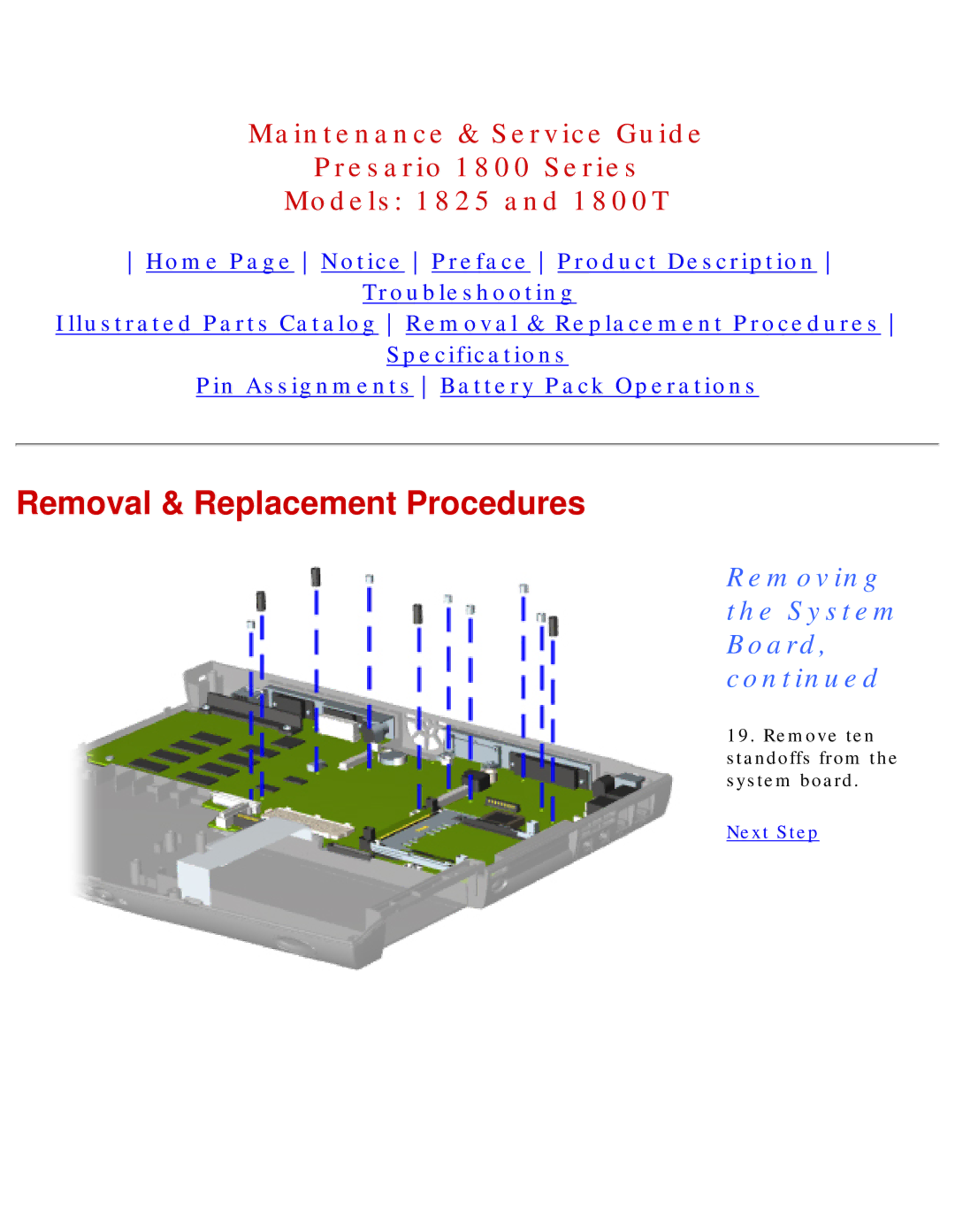 Compaq 1800T, 1825 specifications Remove ten standoffs from the system board 