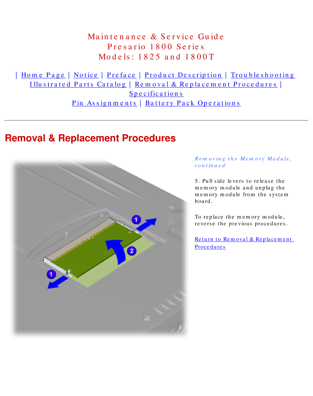 Compaq 1825, 1800T specifications Removing the Memory Module 