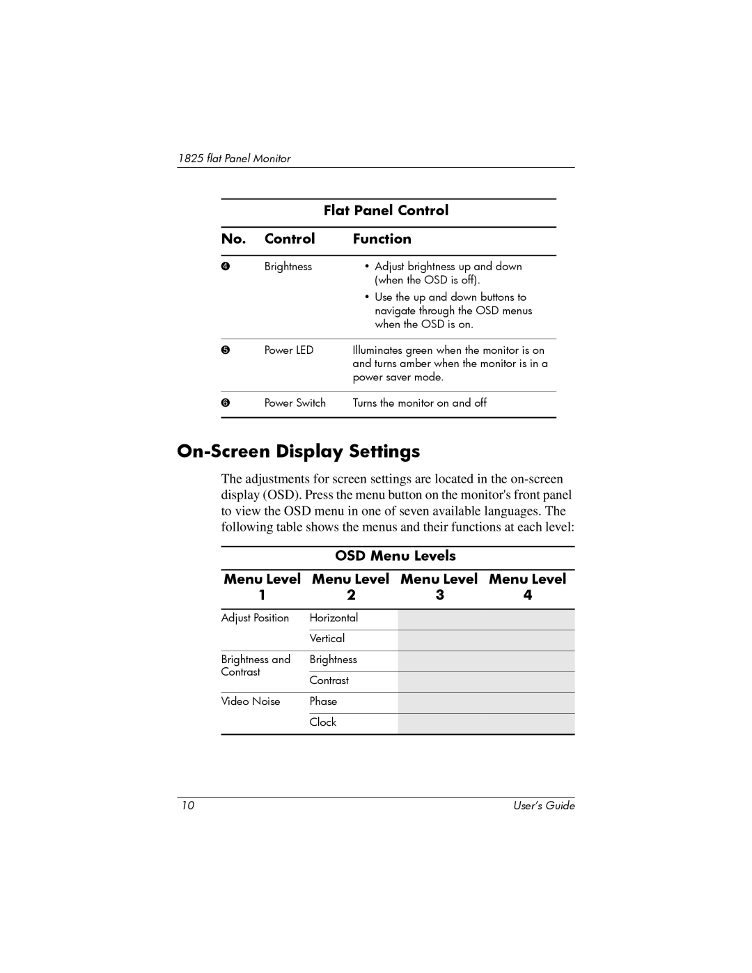 Compaq 1825 manual On-Screen Display Settings, OSD Menu Levels 