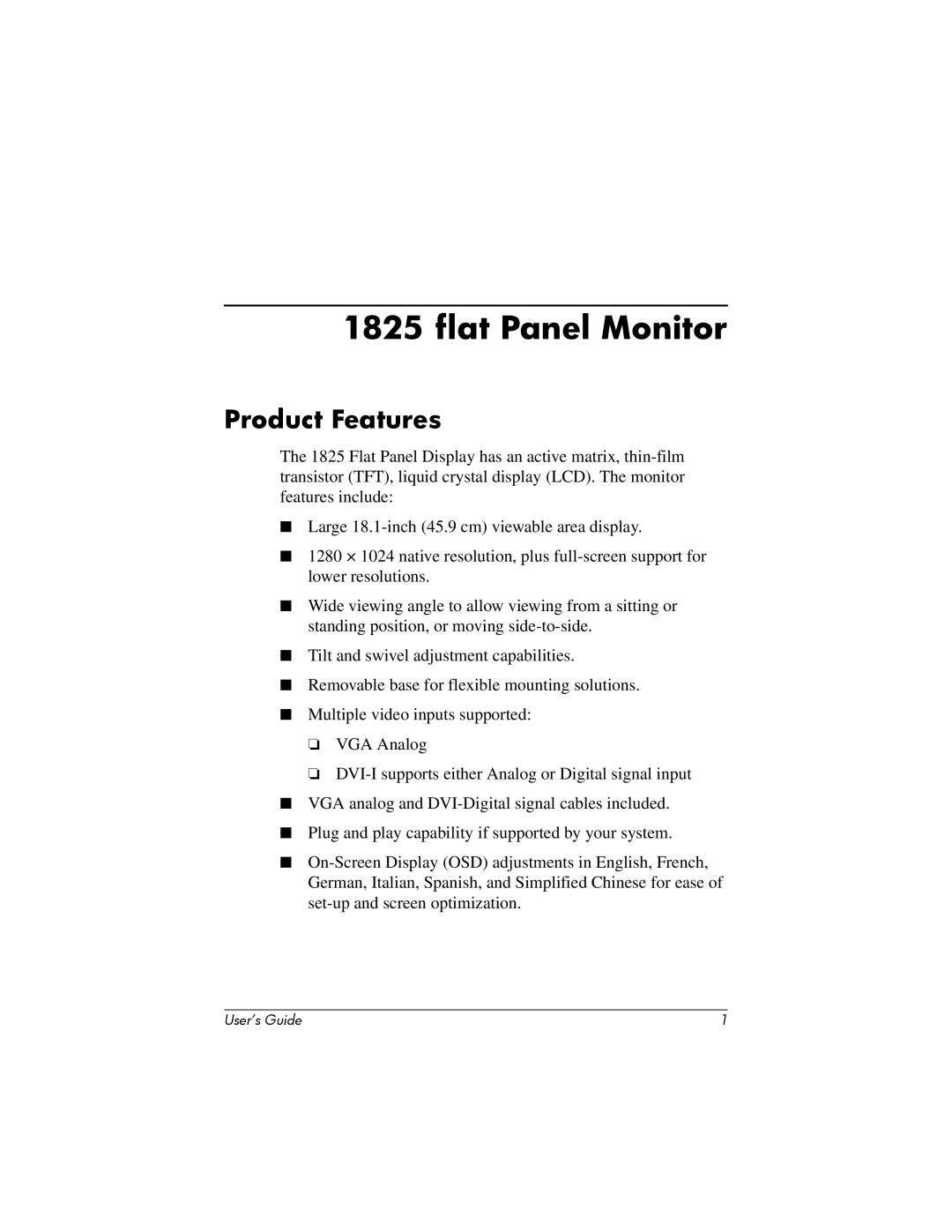 Compaq 1825 manual Flat Panel Monitor, Product Features 