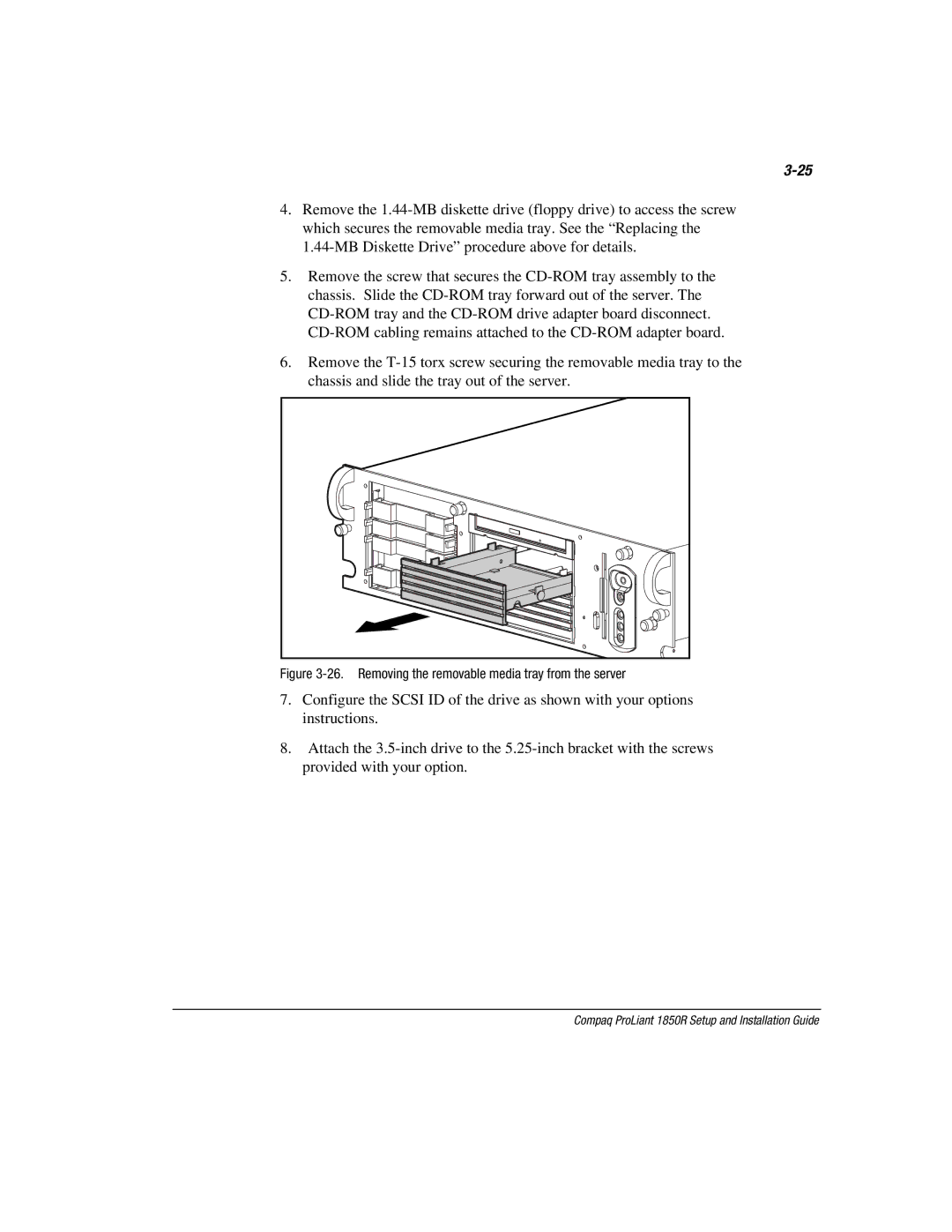 Compaq 1850R manual Removing the removable media tray from the server 