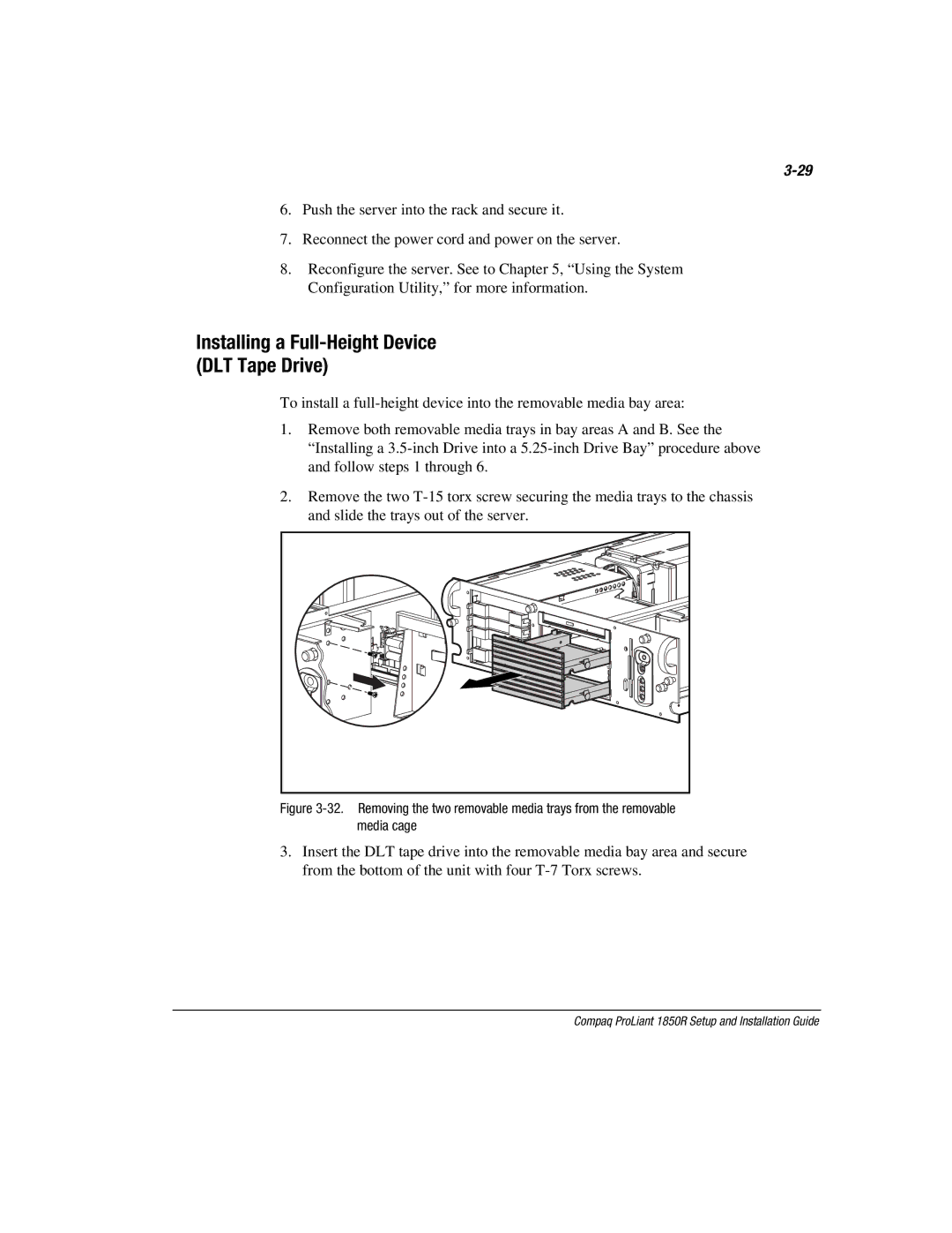 Compaq 1850R manual Installing a Full-Height Device DLT Tape Drive 