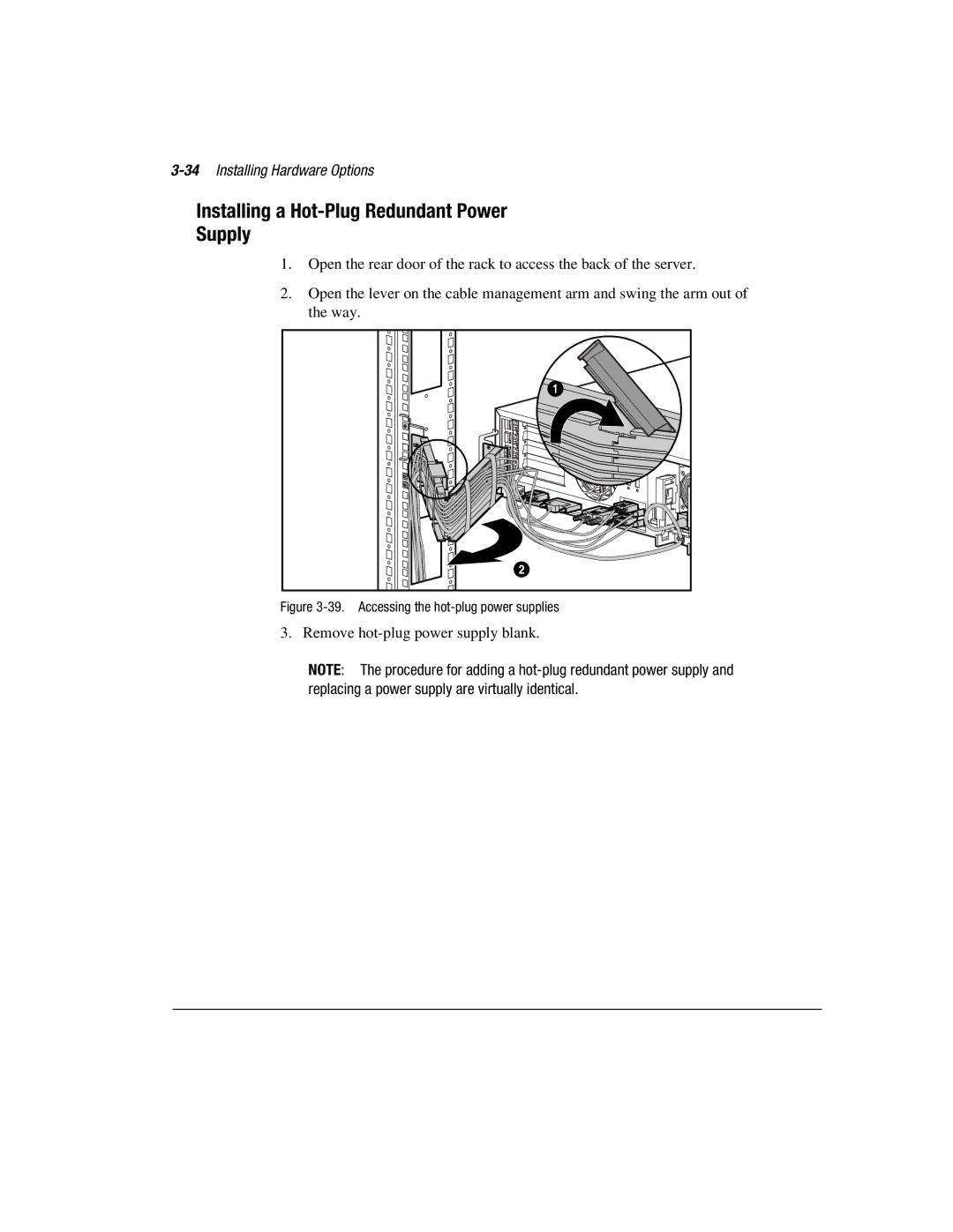 Compaq 1850R manual Installing a Hot-Plug Redundant Power Supply, 34Installing Hardware Options 