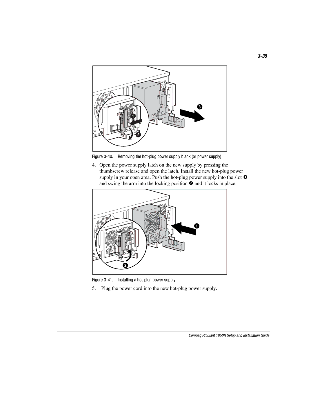 Compaq 1850R manual Plug the power cord into the new hot-plug power supply 