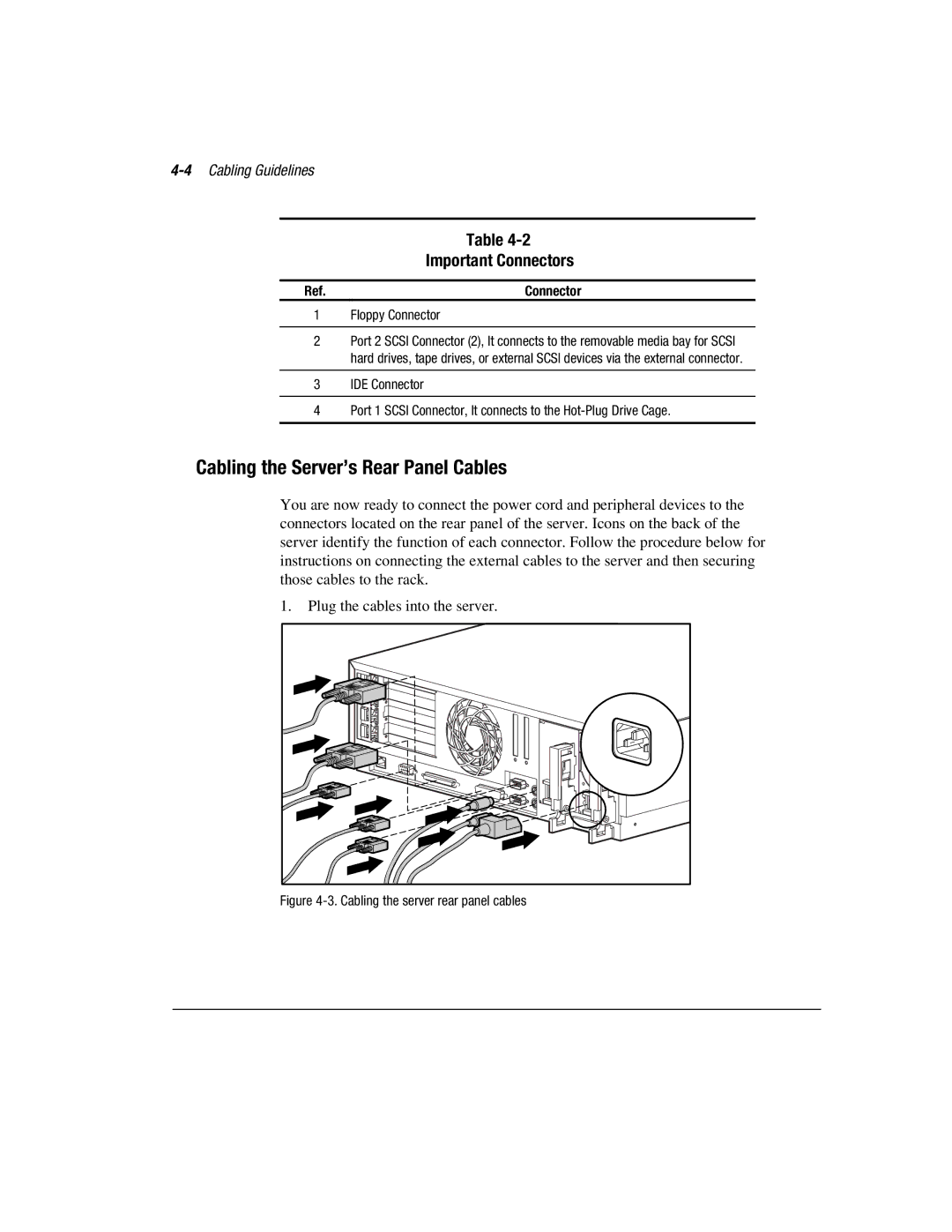 Compaq 1850R manual Cabling the Server’s Rear Panel Cables, Important Connectors, 4Cabling Guidelines 