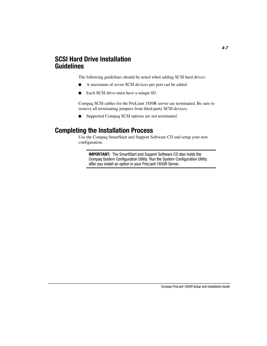 Compaq 1850R manual Scsi Hard Drive Installation Guidelines 