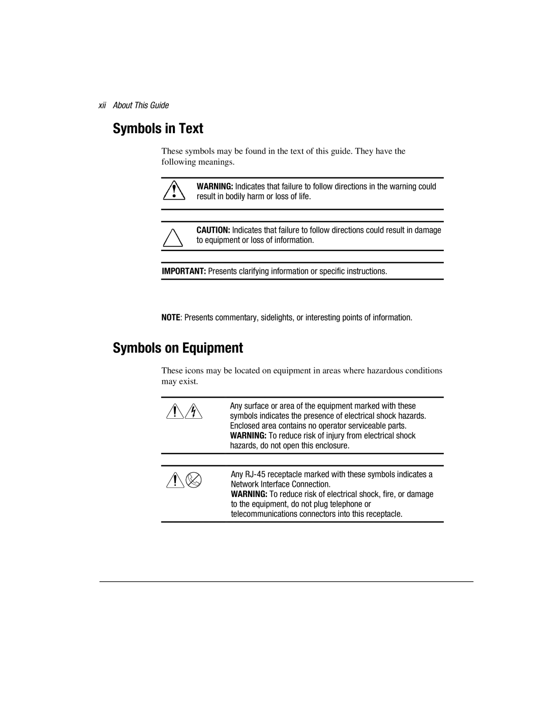 Compaq 1850R manual Symbols in Text, Symbols on Equipment, Xii About This Guide 