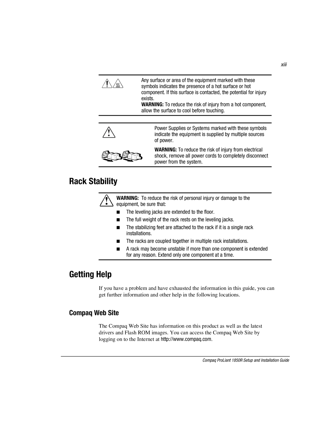 Compaq 1850R manual Rack Stability, Getting Help, Compaq Web Site, Xiii 