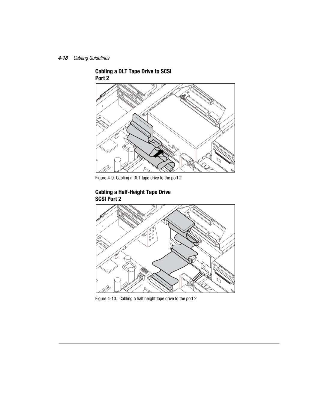Compaq 1850R manual Cabling a DLT Tape Drive to Scsi Port, Cabling a Half-Height Tape Drive Scsi Port, 18Cabling Guidelines 
