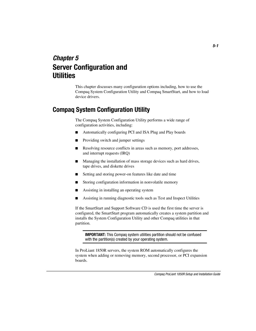 Compaq 1850R manual Server Configuration Utilities, Compaq System Configuration Utility 