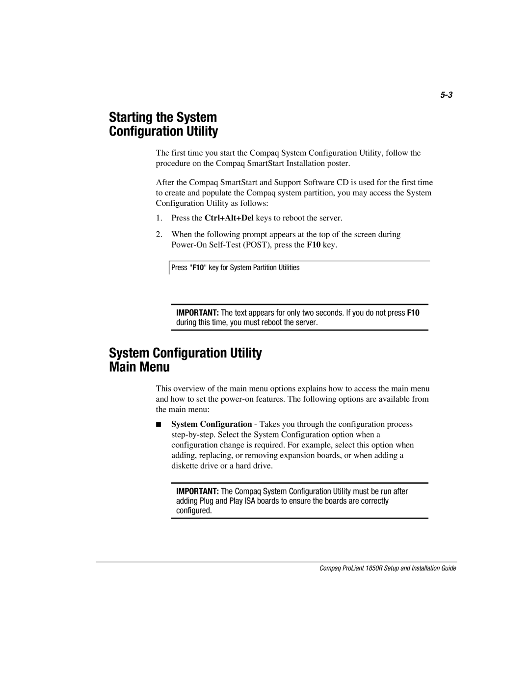 Compaq 1850R manual Starting the System Configuration Utility, System Configuration Utility Main Menu 