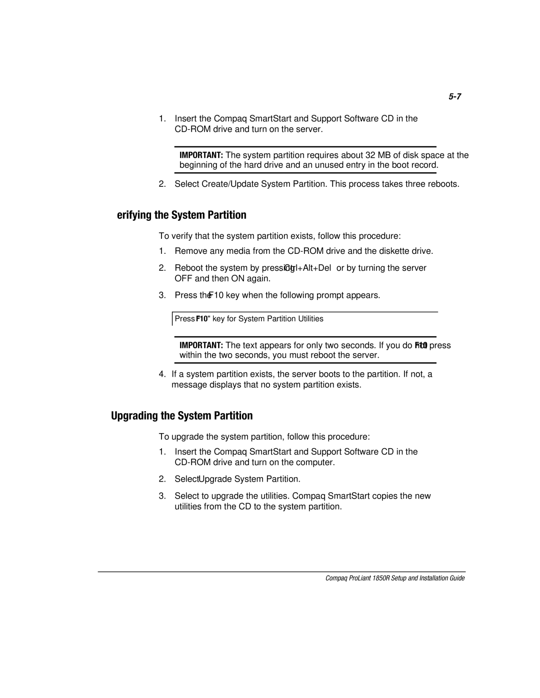 Compaq 1850R manual Verifying the System Partition, Upgrading the System Partition 