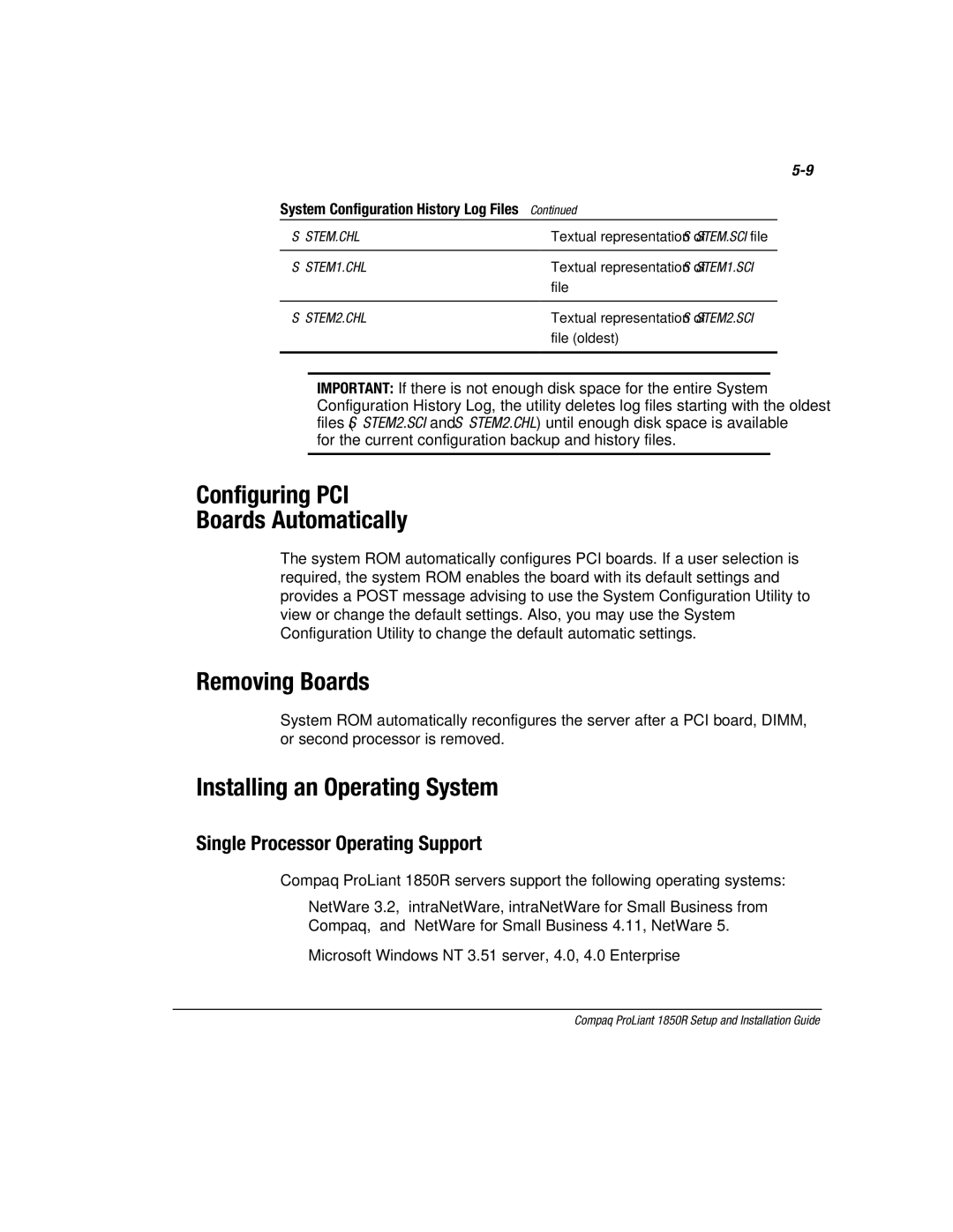 Compaq 1850R manual Configuring PCI Boards Automatically, Removing Boards, Installing an Operating System 