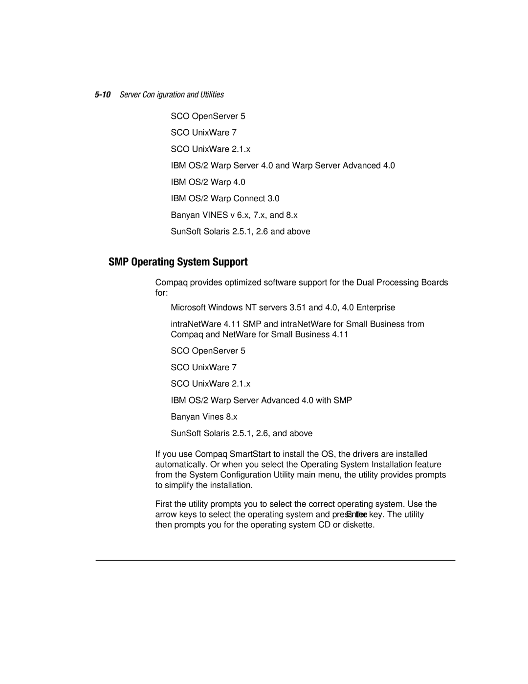 Compaq 1850R manual SMP Operating System Support, 10Server Configuration and Utilities 