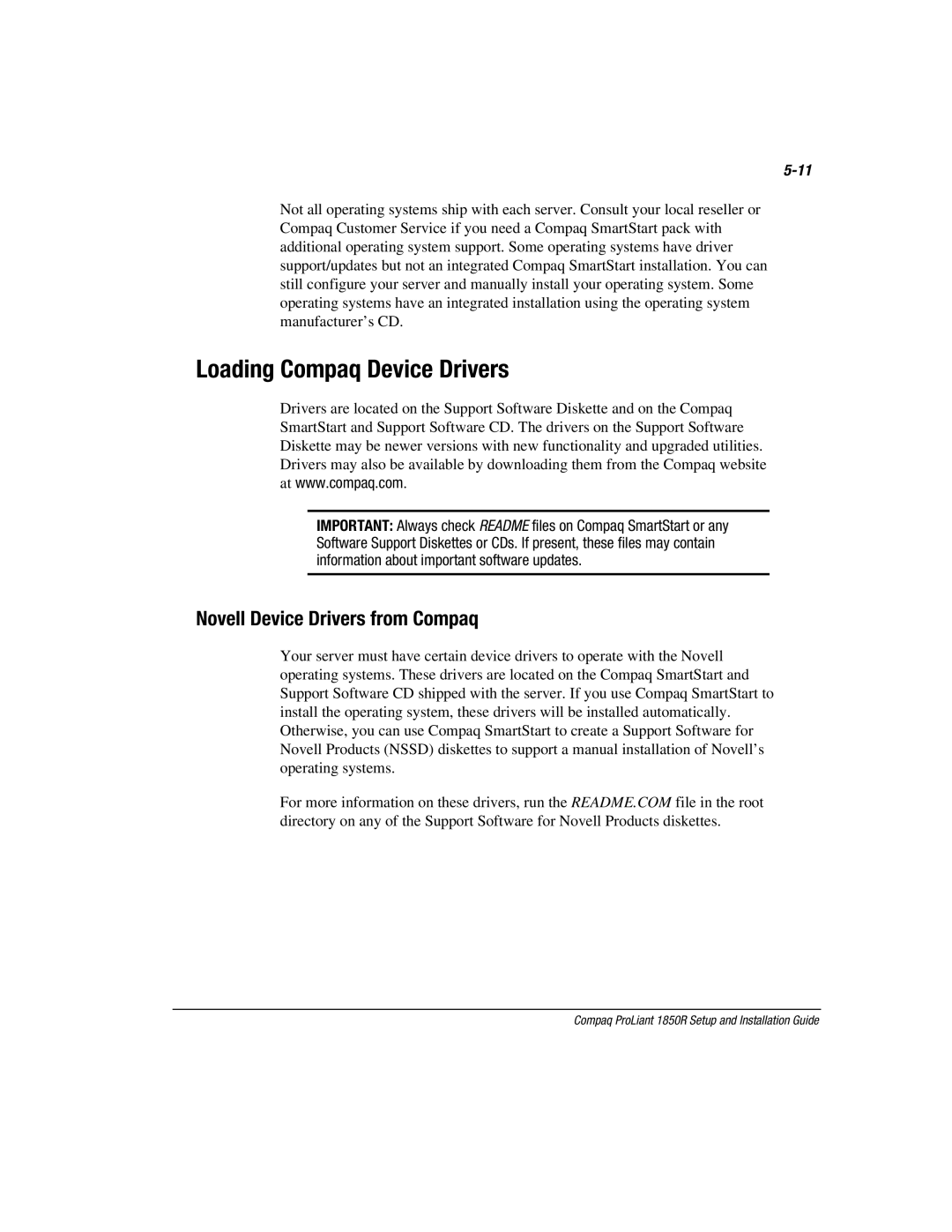Compaq 1850R manual Loading Compaq Device Drivers, Novell Device Drivers from Compaq 