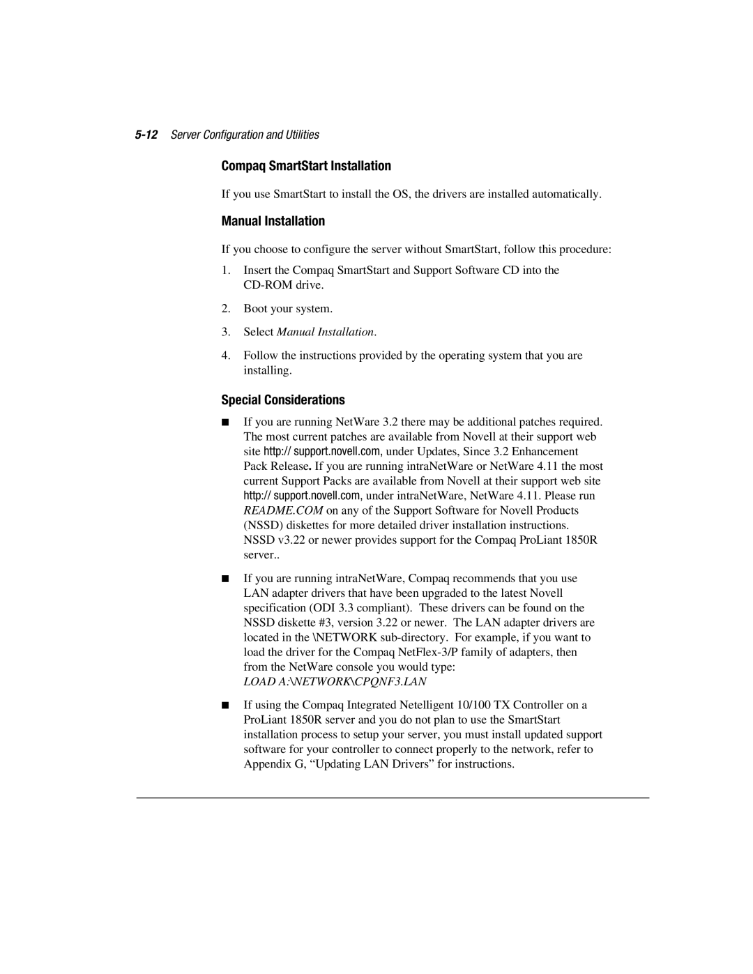 Compaq 1850R manual Compaq SmartStart Installation, Manual Installation, Special Considerations 