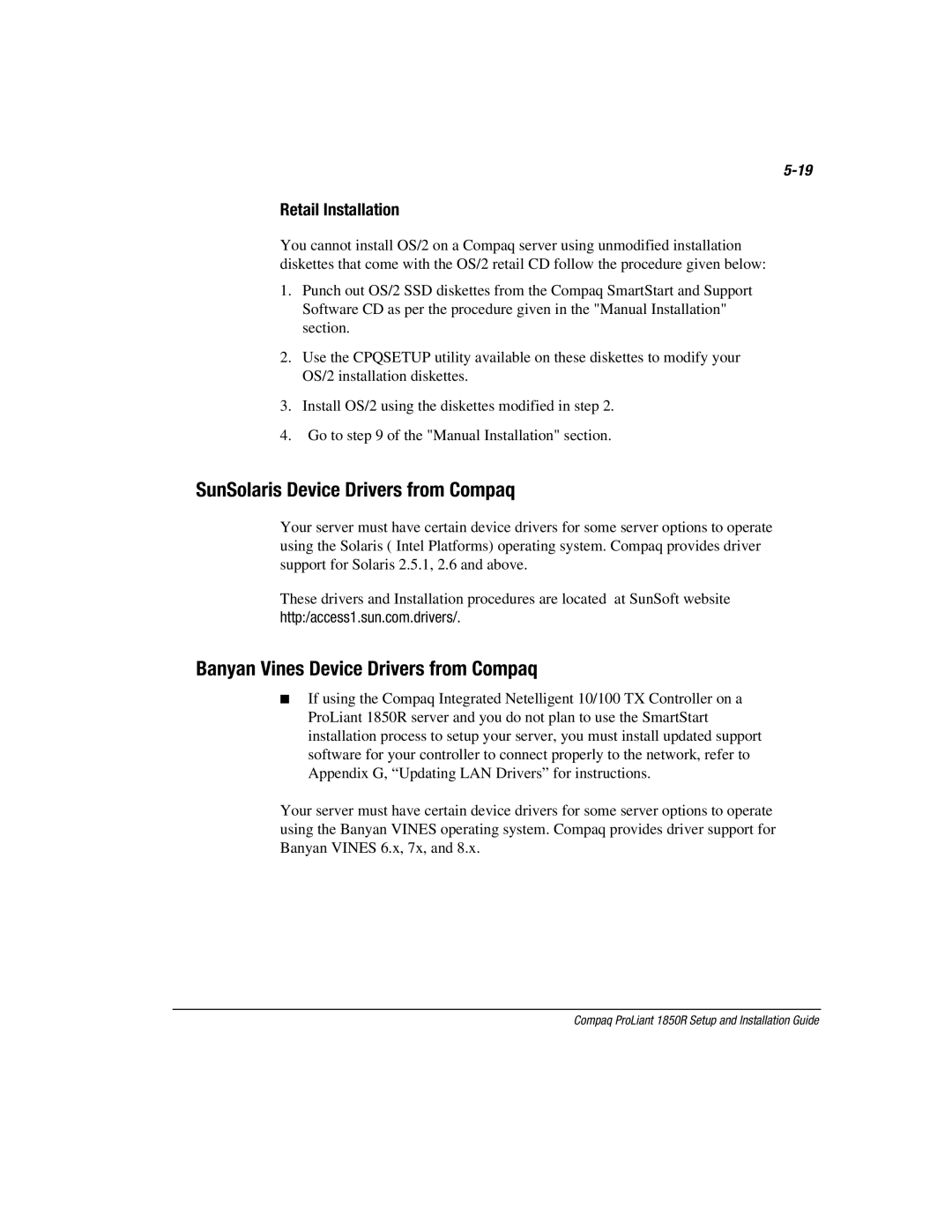 Compaq 1850R manual SunSolaris Device Drivers from Compaq, Banyan Vines Device Drivers from Compaq, Retail Installation 