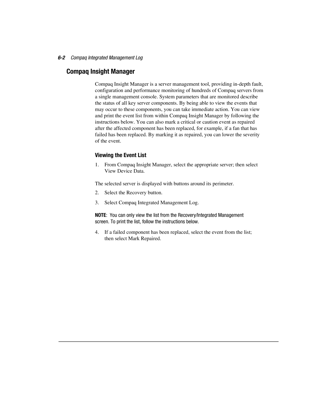 Compaq 1850R manual Viewing the Event List, 2Compaq Integrated Management Log 