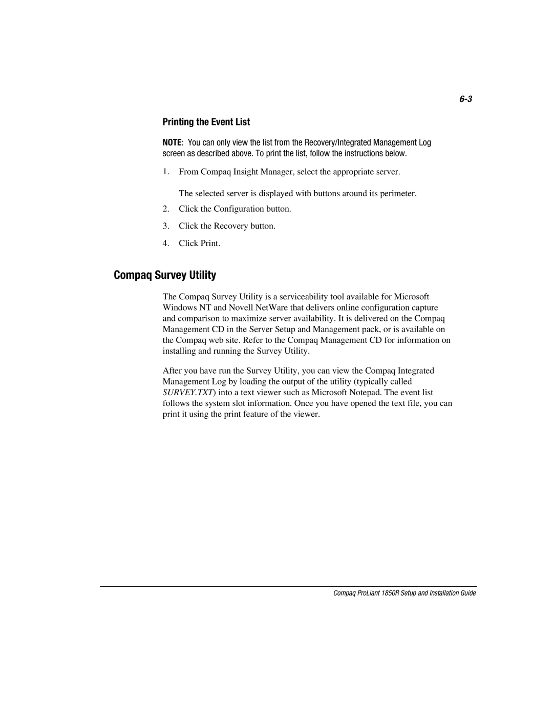 Compaq 1850R manual Compaq Survey Utility, Printing the Event List 