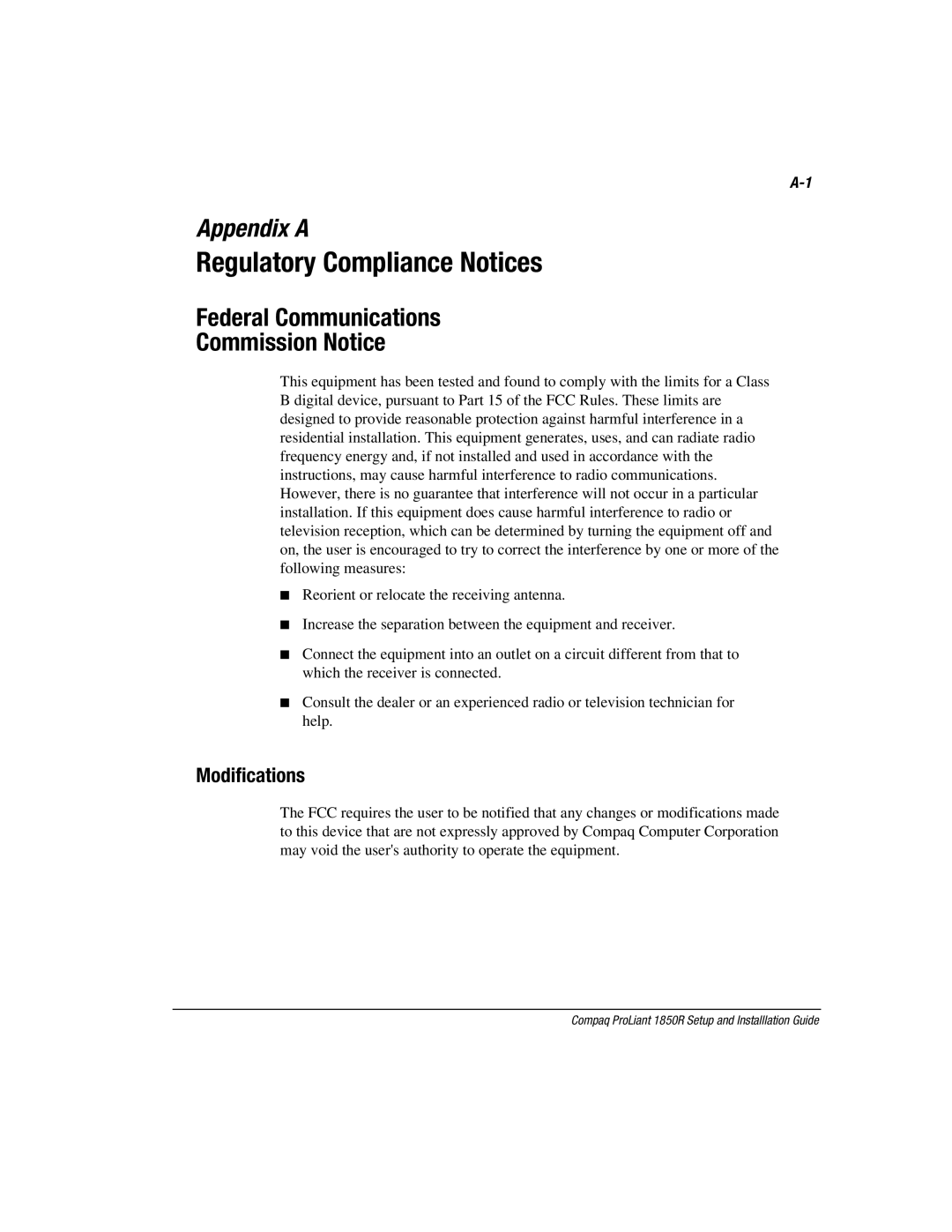 Compaq 1850R manual Federal Communications Commission Notice, Modifications 