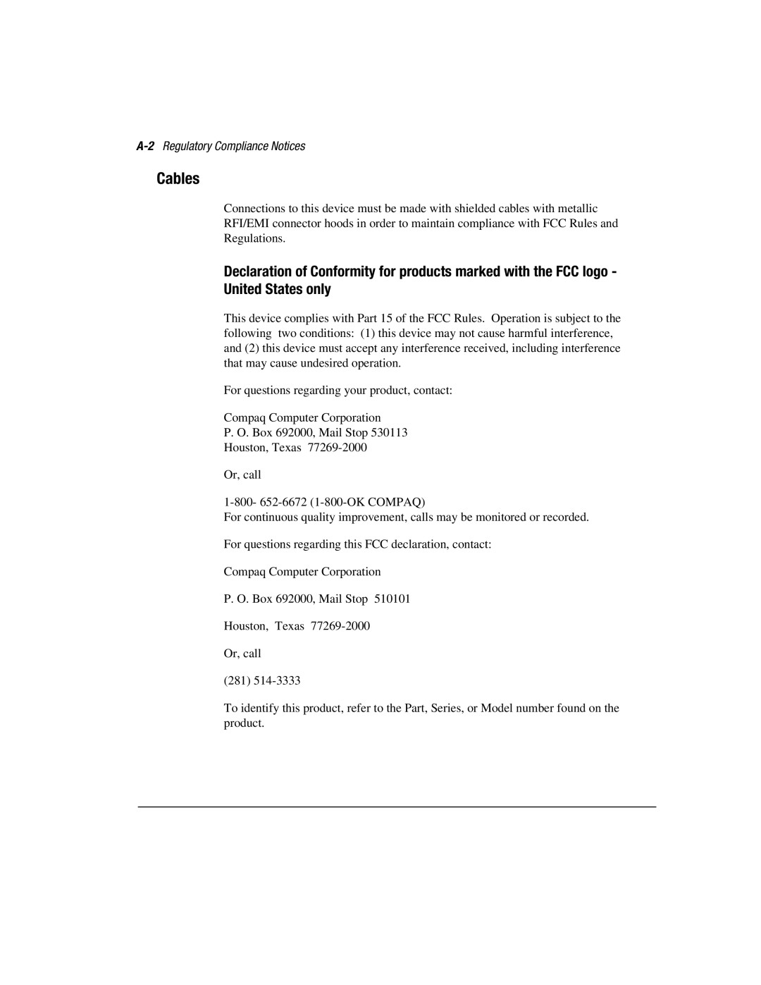 Compaq 1850R manual Cables, 2Regulatory Compliance Notices 