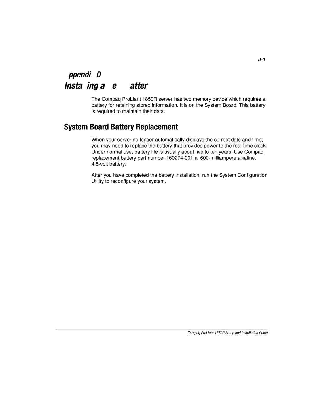 Compaq 1850R manual Installing a New Battery, System Board Battery Replacement 