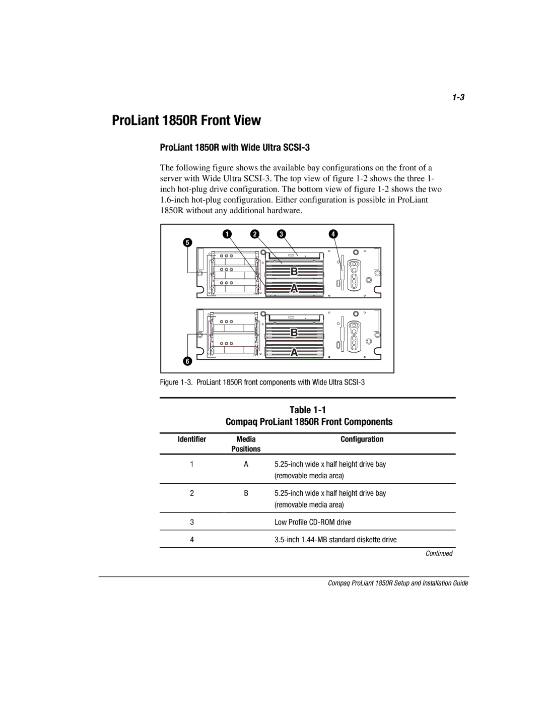 Compaq manual ProLiant 1850R Front View, ProLiant 1850R with Wide Ultra SCSI-3, Compaq ProLiant 1850R Front Components 