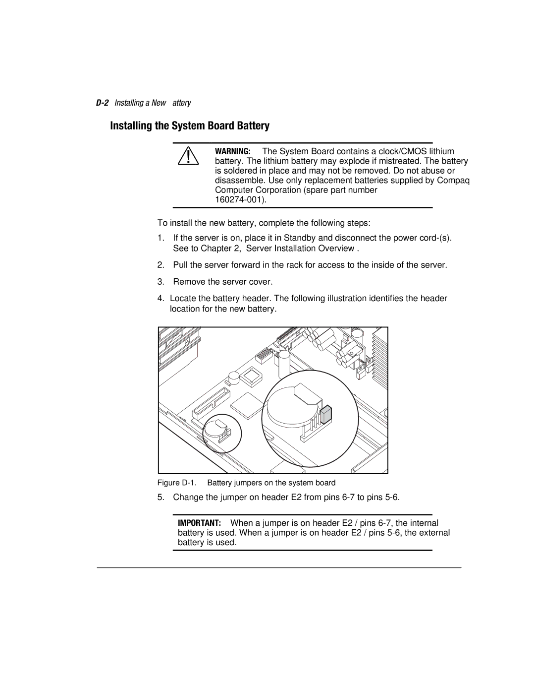 Compaq 1850R manual Installing the System Board Battery, 2Installing a New Battery 