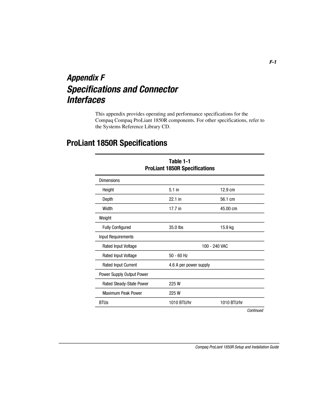 Compaq manual ProLiant 1850R Specifications 