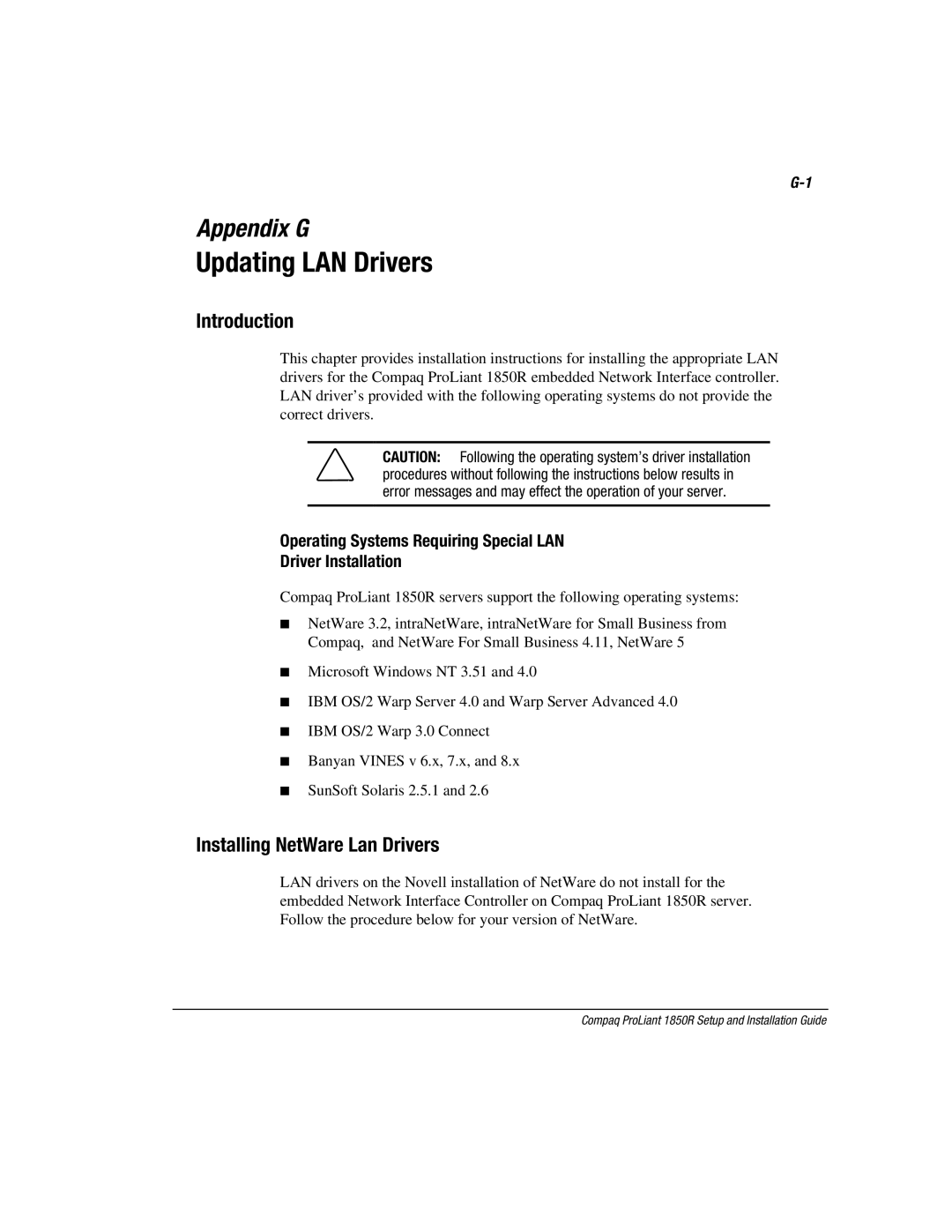 Compaq 1850R Introduction, Installing NetWare Lan Drivers, Operating Systems Requiring Special LAN Driver Installation 