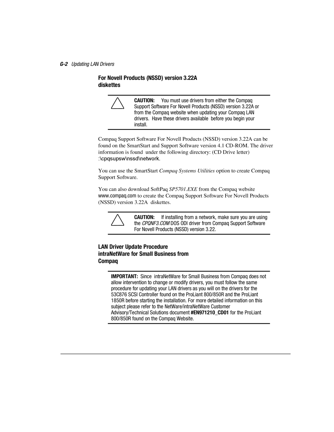 Compaq 1850R manual For Novell Products Nssd version 3.22A diskettes, 2Updating LAN Drivers 