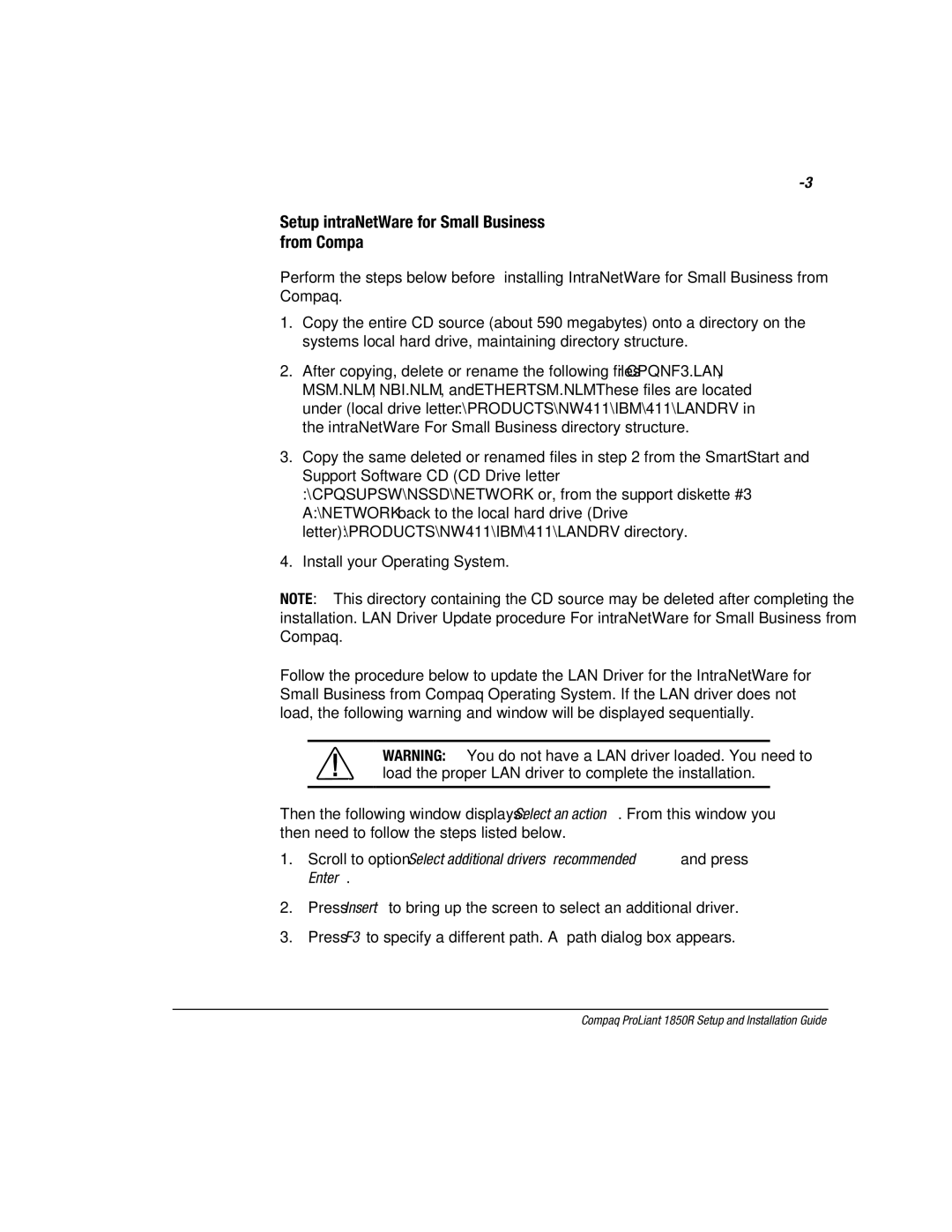 Compaq 1850R manual Setup intraNetWare for Small Business from Compaq, Letter\PRODUCTS\NW411\IBM\411\LANDRV directory 