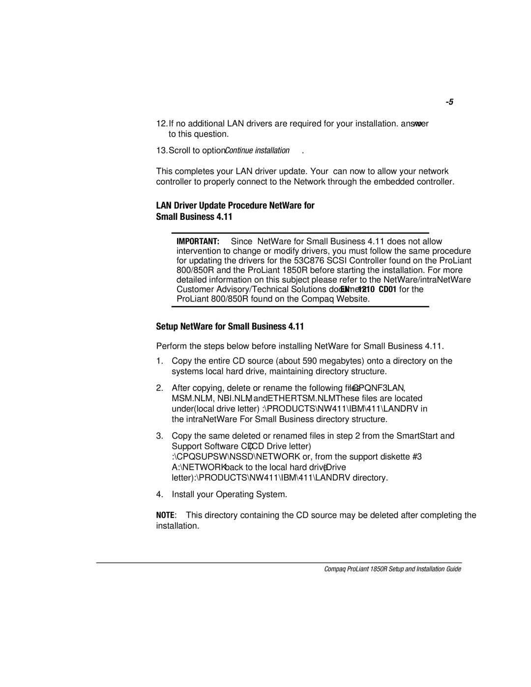 Compaq 1850R manual LAN Driver Update Procedure NetWare for Small Business, Setup NetWare for Small Business 