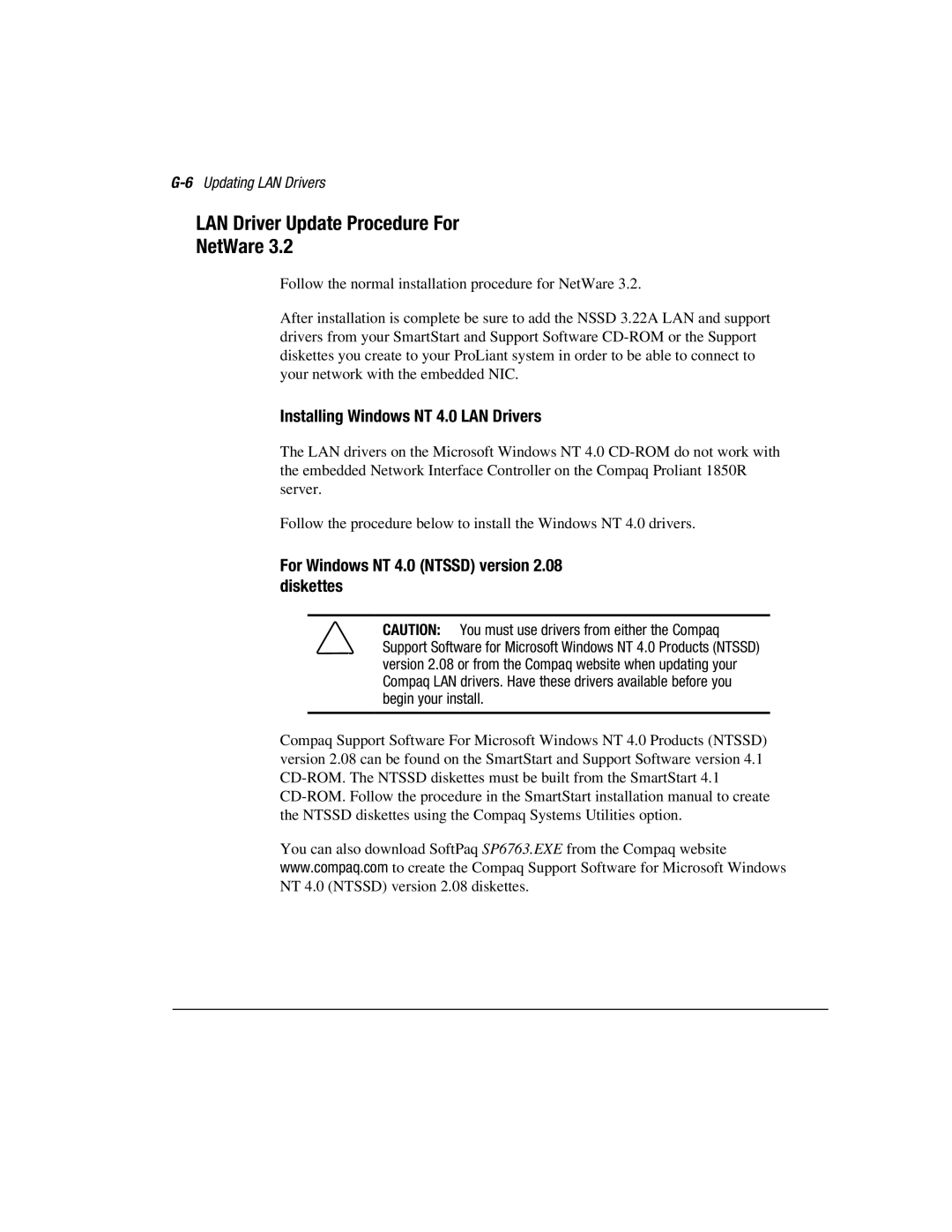 Compaq 1850R manual LAN Driver Update Procedure For NetWare, Installing Windows NT 4.0 LAN Drivers, 6Updating LAN Drivers 