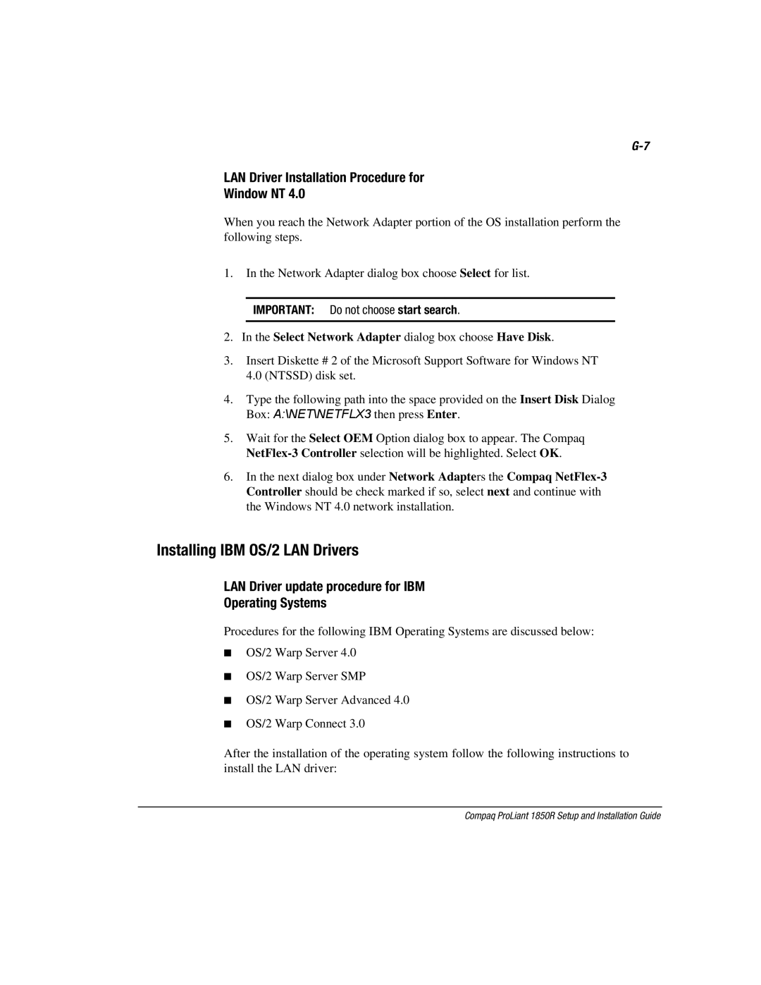 Compaq 1850R manual Installing IBM OS/2 LAN Drivers, LAN Driver Installation Procedure for Window NT 