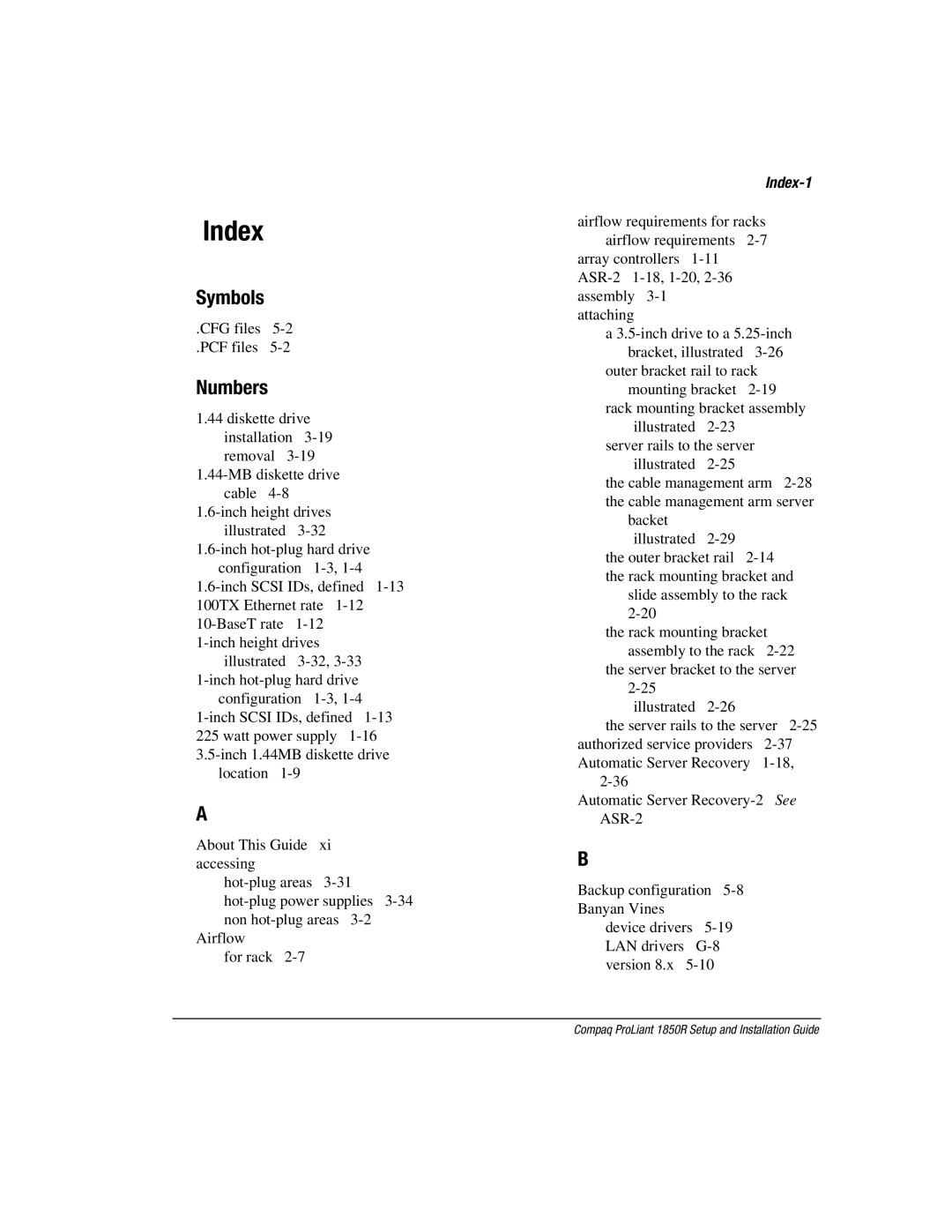 Compaq 1850R manual Symbols, Numbers, Index-1 