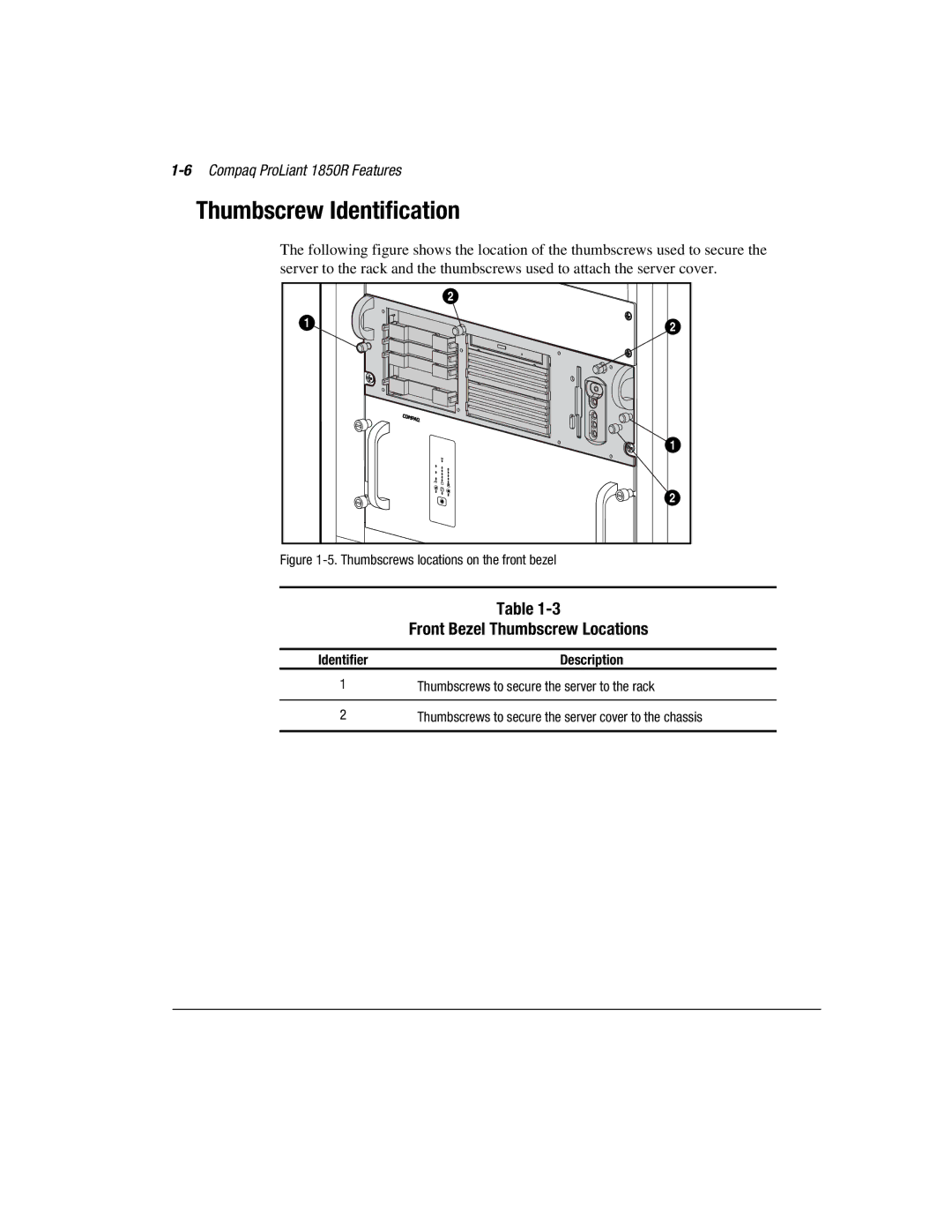 Compaq manual Thumbscrew Identification, Front Bezel Thumbscrew Locations, 6Compaq ProLiant 1850R Features 