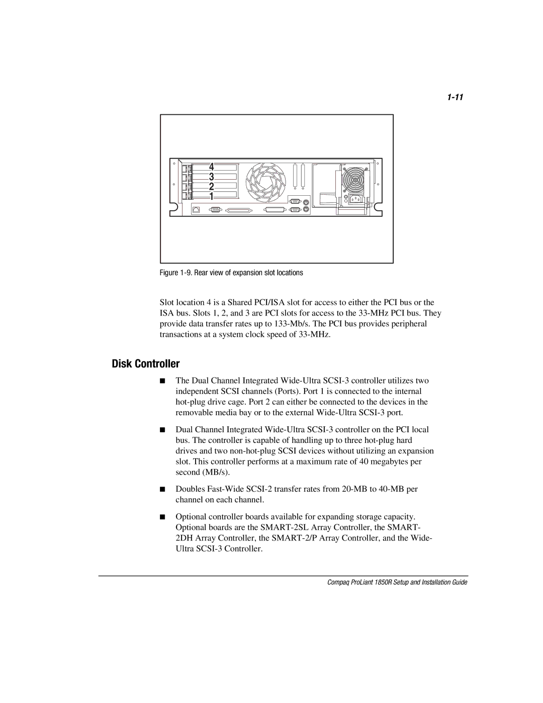 Compaq 1850R manual Disk Controller, Rear view of expansion slot locations 