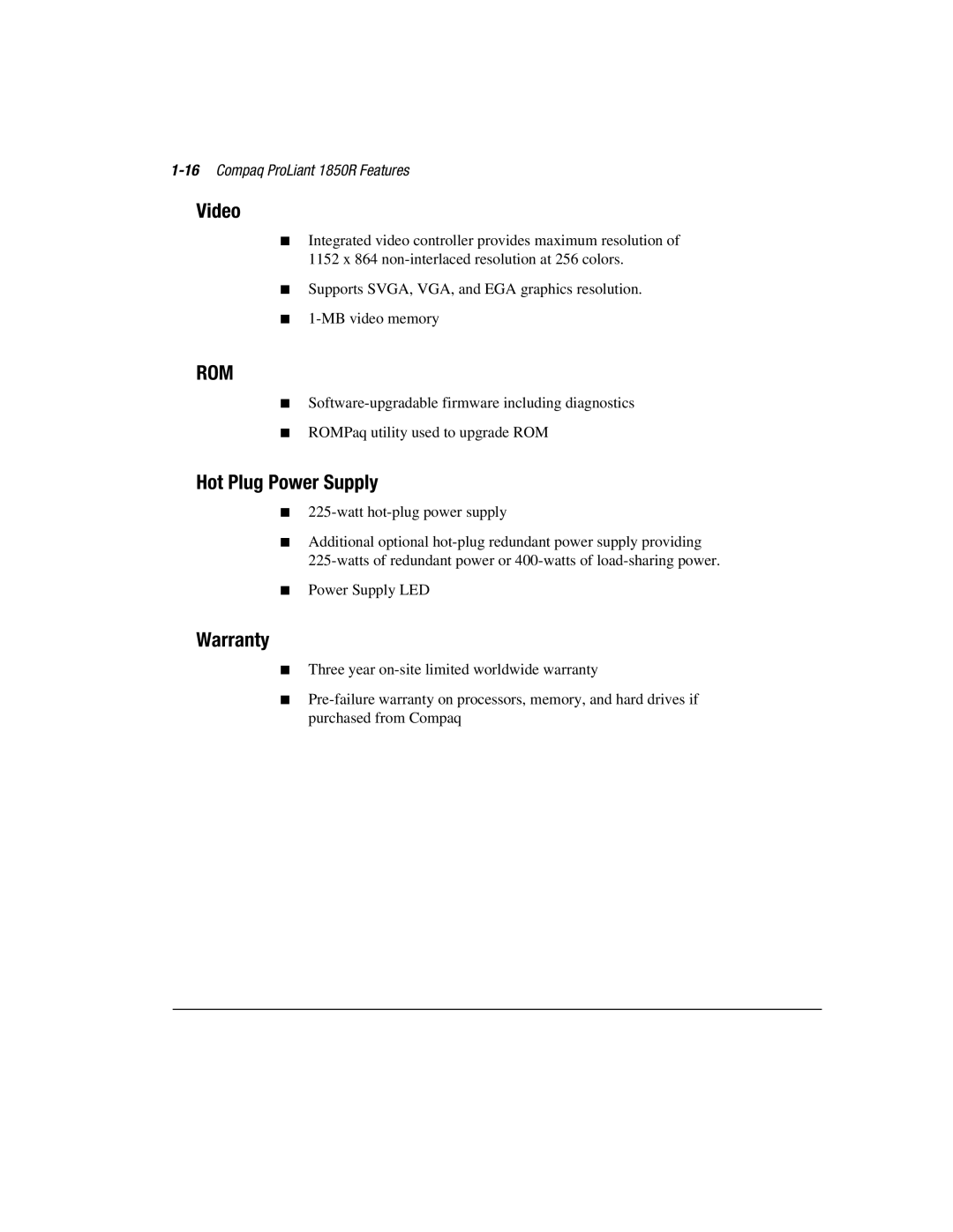 Compaq manual Video, Hot Plug Power Supply, Warranty, 16Compaq ProLiant 1850R Features 