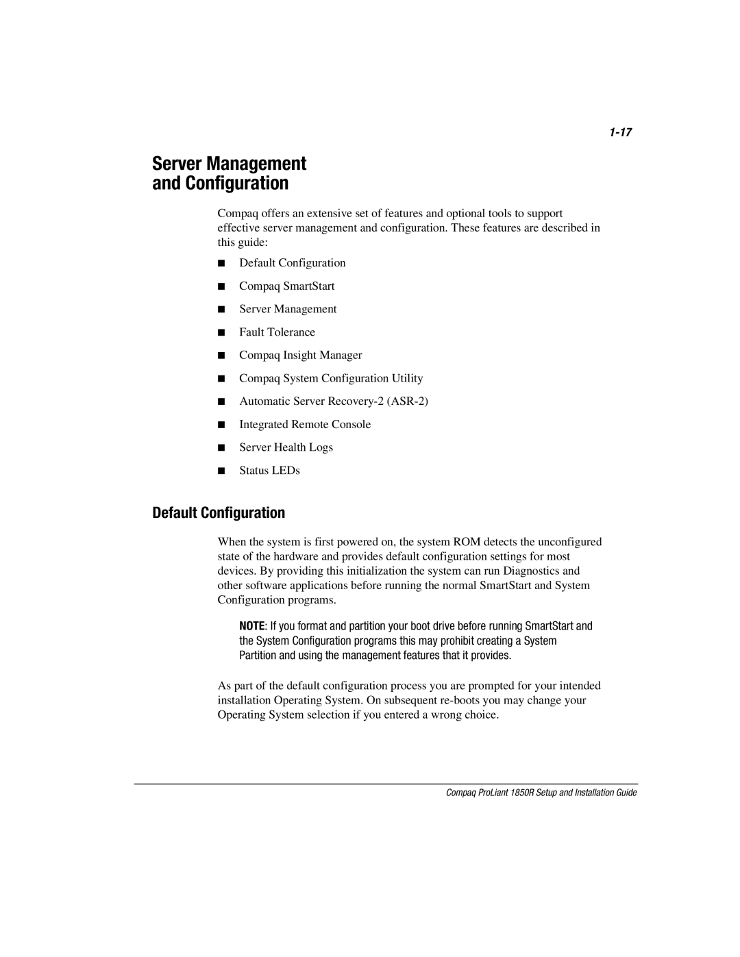 Compaq 1850R manual Server Management Configuration, Default Configuration 