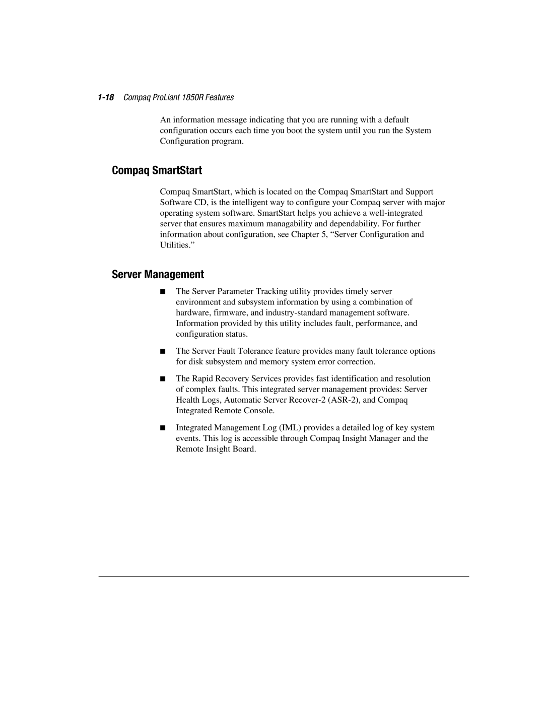 Compaq manual Compaq SmartStart, Server Management, 18Compaq ProLiant 1850R Features 