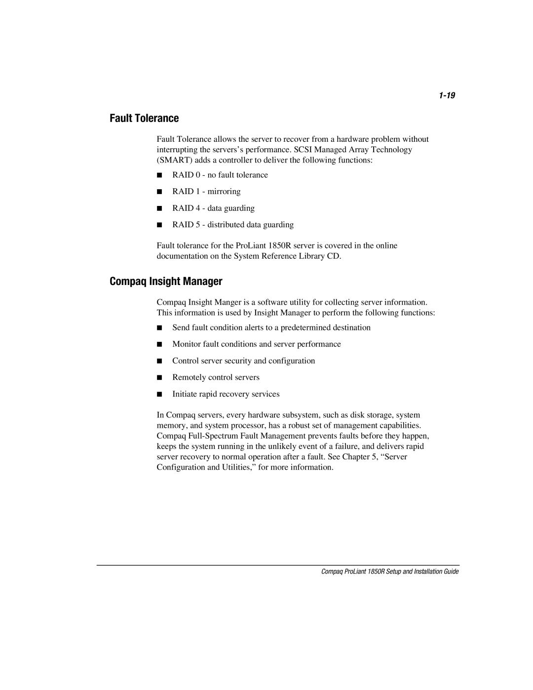 Compaq 1850R manual Fault Tolerance, Compaq Insight Manager 