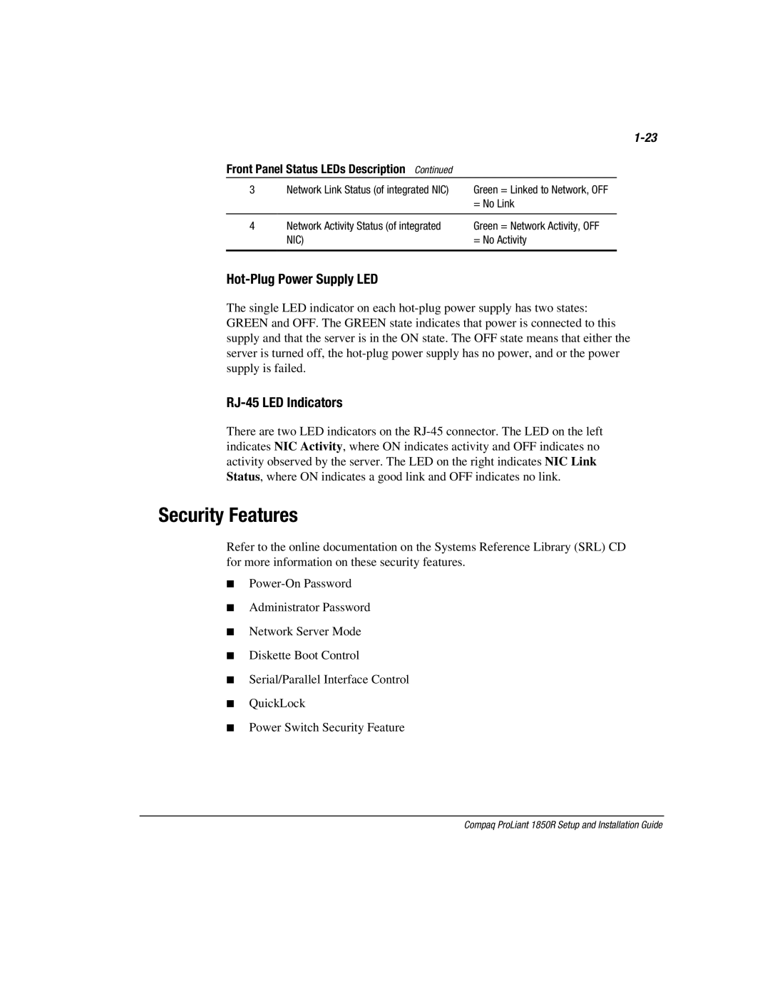 Compaq 1850R manual Security Features, Hot-Plug Power Supply LED, RJ-45 LED Indicators 