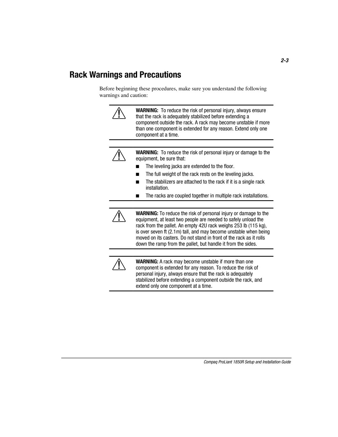 Compaq 1850R manual Rack Warnings and Precautions 