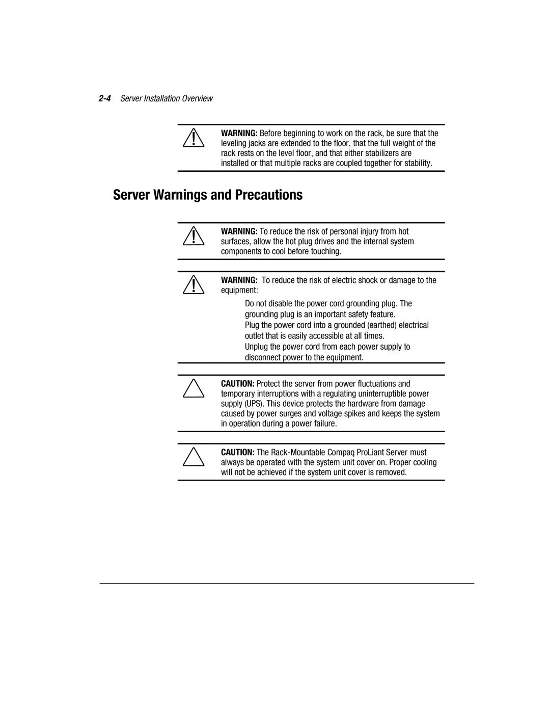 Compaq 1850R manual Server Warnings and Precautions, 4Server Installation Overview 