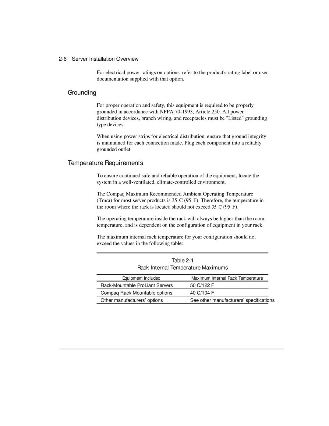 Compaq 1850R manual Grounding, Temperature Requirements, Rack Internal Temperature Maximums, 6Server Installation Overview 