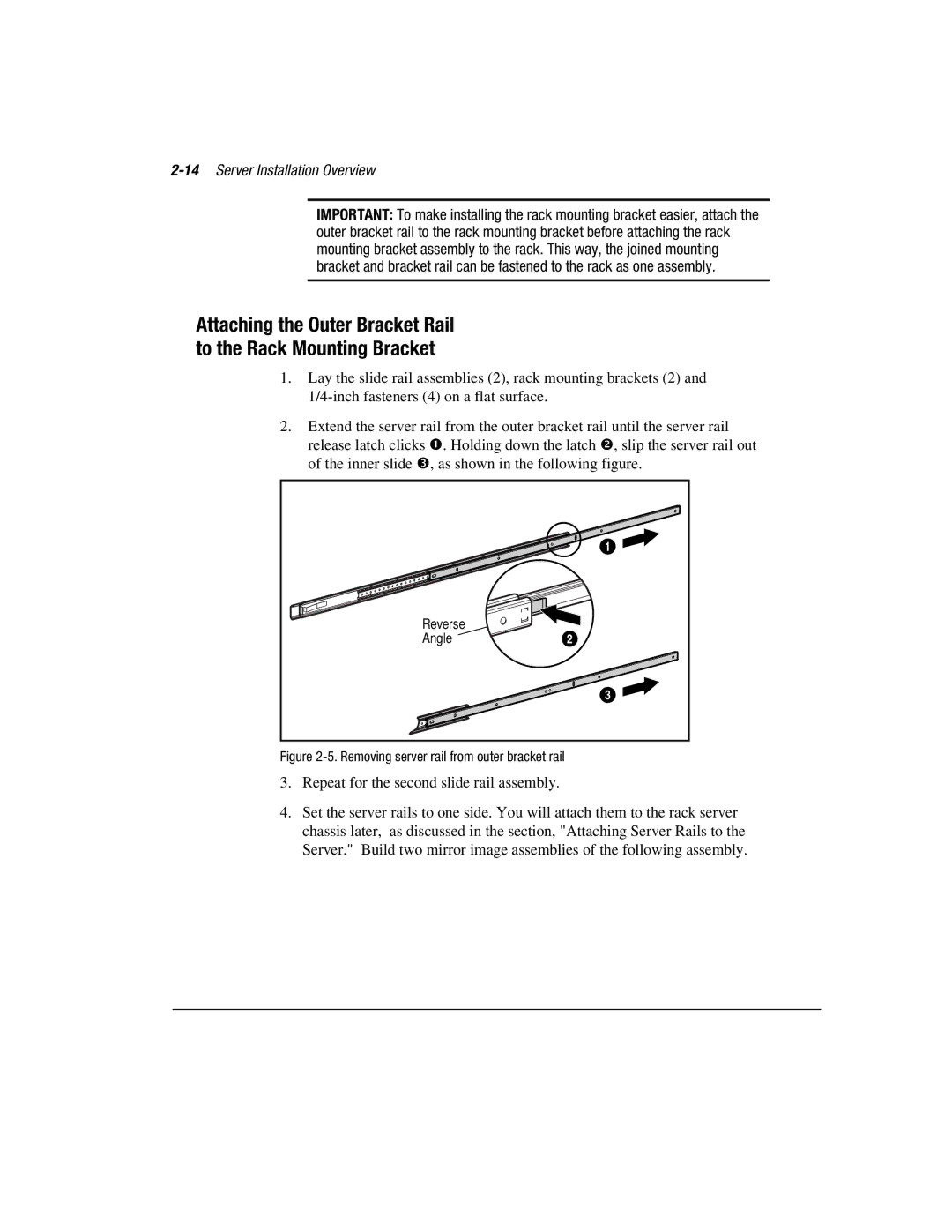 Compaq 1850R manual 14Server Installation Overview, Removing server rail from outer bracket rail 